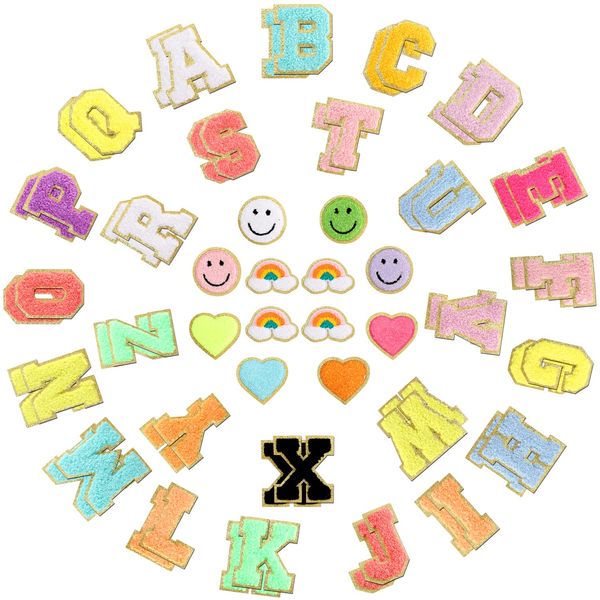 64PCS Adhesive Chenille Letter Patches, 2 Packs A-Z Stick On Varsity Letter Patches Mixed Color Felt Alphabet Stickers Smile Face Love Heart Rainbow Chenille Patches for Clothes Jackets Backpacks Hats