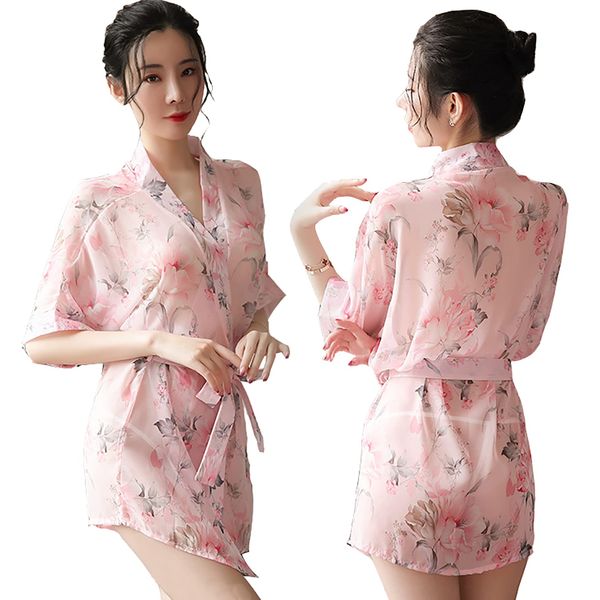 Wzhiming Lingerie, Babydoll, Women's Sexy Gown, Kimono, Mini Yukata, Kimono, Floral Pattern, Sexy Overwear, Nightwear, Sleepwear, Japanese Style, Costume, Nightwear, Pink