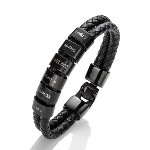 MYCLUSIV® Men's Leather Bracelet with Engraving - Personalised Men's Bracelet with Name - Father's Day Gift for Dad - Made of Black Genuine Leather, 21 cm, Stainless Steel