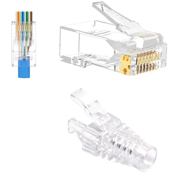 VCE RJ45 Connector + Protective Cover for CAT6, CAT5E, CAT5 LAN Cable, Easy Wiring, Anti-Crack, 23-26AWG 50 Pack