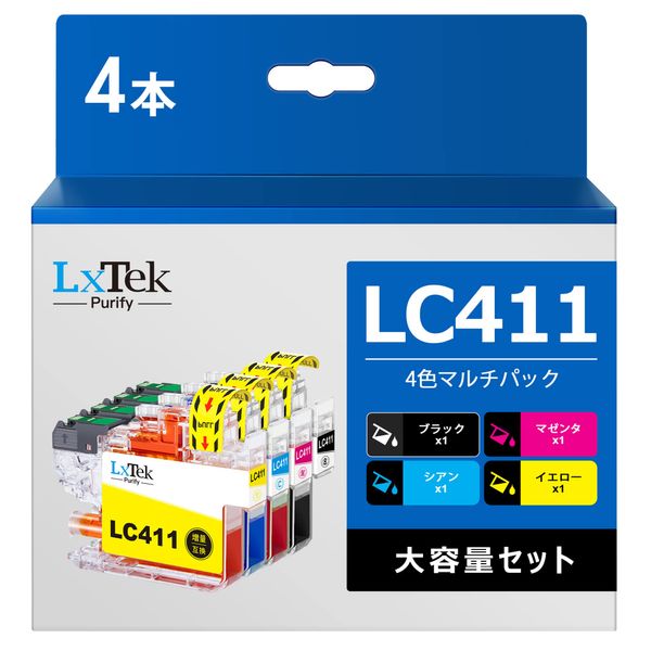 LxTek Purify LC411 LC411-4PK Compatible Brother Ink Cartridges 411 4 Color Set LC411BK High Yield Printer Ink Compatible Model Numbers: DCP-J526N DCP-J926N MFC-J739DN MFC-J904N MFC-J939DN