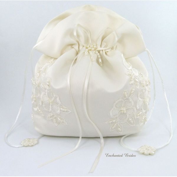 Satin Bridal Wedding Small Money Bag with Pearl-Embellished Floral Lace for Dollar Dance, Bridal Purse, and Other Special Occasions #E1DEDBiv (IVORY)