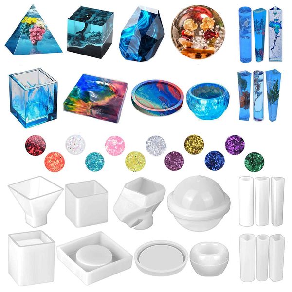 Silicone Resin Molds Kit 26PCS, Epoxy Molds, Large Casting with 12 Glitter Sequins for UV Casting, Including Sphere, Cube, Pyramid, Square, Coaster, Stone & Pendants