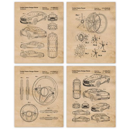 Classic Bentley Motors Cars Patent Prints, 4 (8x10) Unframed Photos, Wall Art Decor Gift for Home Office Gears Garage Shop Engineer School College Student Teacher Coach F1 Team Auto Racing Champs