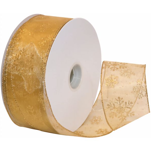 Morex Ribbon 7405.60/50-634 Snowflake 2.5" X 50 YD Nylon Sheer Wired Glitter Ribbon, Gold, Ribbon Art Supplies for Christmas Decorations, Indoor Christmas Ribbon for Gift Wrapping Art Set