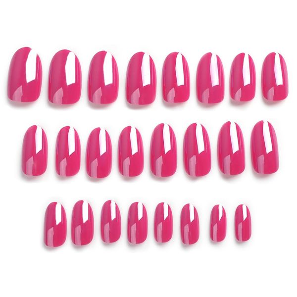 24 PCS Oval False Nails, Rose Red Mirror Fake Nails, Glossy Fake Nails Short with Nail Glue, Removable Glue-on Nails, Full Cover Fake Nails for Women Girls Nails Art(Rose Red)