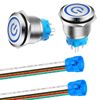 2 Pcs Stainless Steel Latching Push Button Switch 12V-24V 5A LED Indicator Momentary Off Waterproof Toggle Switch with Off Wire Socket Plug (Blue LED)