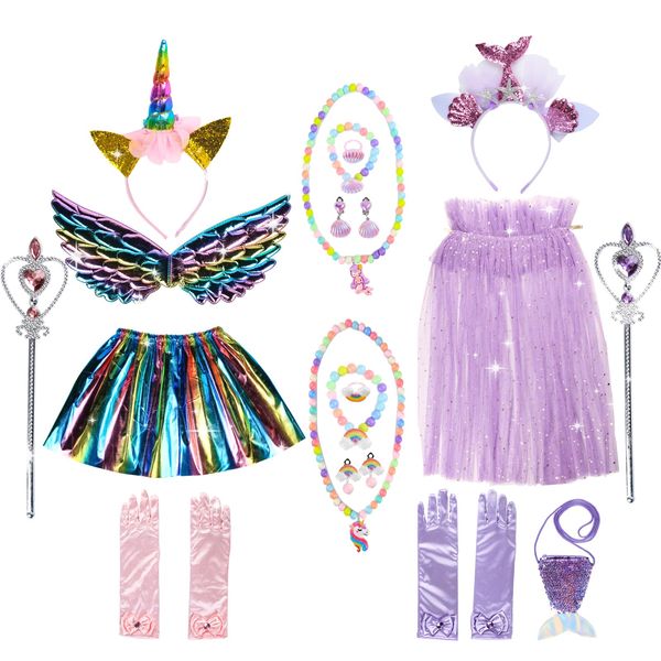 Graduation Gifts for Her Kindergarten Preschool Graduation Gifts for Girl 3 4 5 6 7 8, Unicorn & Mermaid Princess Dress Up Clothes for Girls 4-6,Tutu Cape Wands Headband Wings Headband Jewelry Set