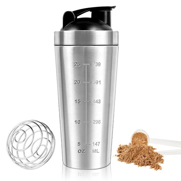 Gobesty Protein Shaker Bottle 750ml, Stainless Steel Protein Shaker Cup, Gym Shaker Bottle, Protein Mixer Shaker Supplement Bottle with Mixball, Leak Proof Metal Sports Water Bottle for Men&Women