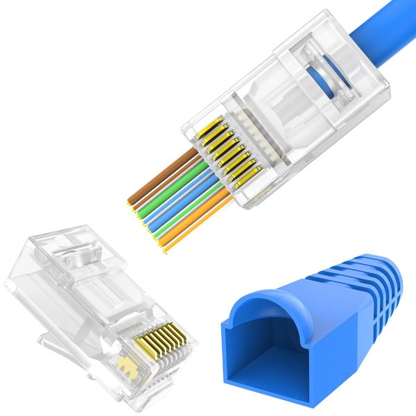 Solsop RJ45 Connector Pass Through Cat6 (Cat6 Pass Through, 50-Pack Plugs&50-Pack Boots) for Solid or Stranded UTP Ethernet Cable