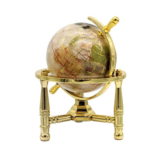 Unique Art 6-Inch Tall Pearl Swirl Ocean Mini Table Top Gemstone World Globe with Gold Tripod