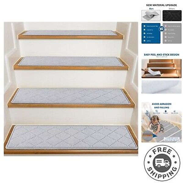 Non-Slip Carpet Stair Treads with Reusable Adhesive - 8" x 30" Grey - 15 Pack