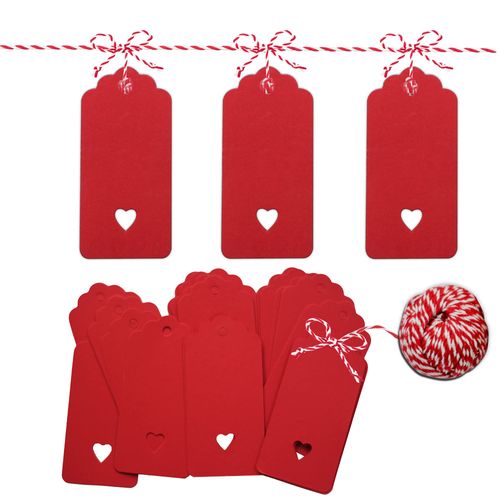 PCP 100 Pcs Gift Tags 9x4.5cm Kraft Paper Tags with 30m Jute Twine String for Arts & Craft, Luggage Label, Weddings, Valentines & Christmas, 300g/m² (Red)