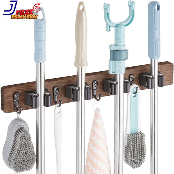 Mop and Broom Holder Wall Mount Rustic Wood Broom Mop Hanger Wall Mounted Tool