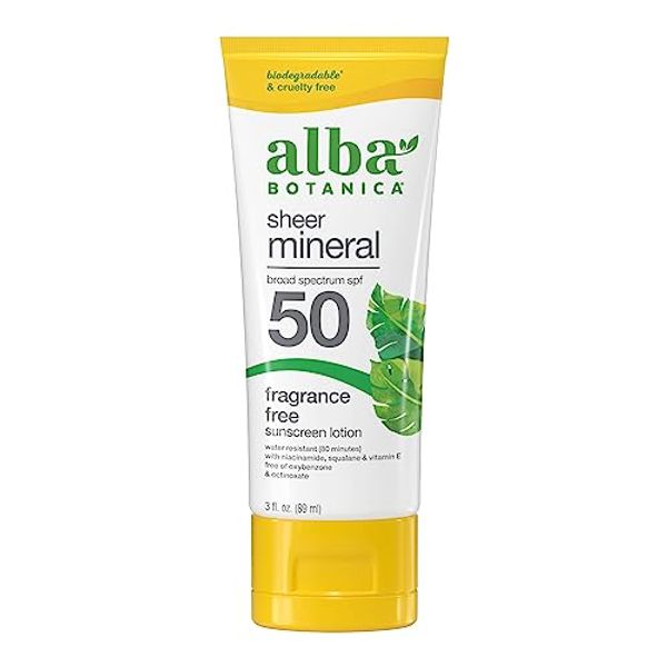 Alba Botanica Sunscreen for Face and Body, Sheer Mineral Sunscreen Lotion, Broad Spectrum SPF 50, Water Resistant and Fragrance-Free, 3 fl. oz. Tube