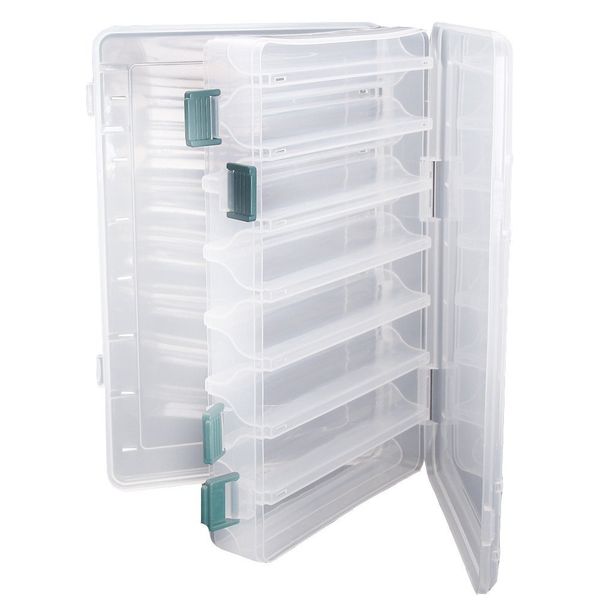 TOPIND Double Sided Fishing Lures Box Transparent Visible Plastic Fishing Bait Hooks Boxes Terminal Tackle Bits Clear Storage Box Organizer Case 14 Compartments with Drain Hole Fishing Accessories