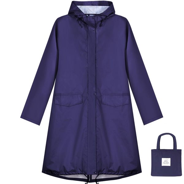 Anyoo Waterproof Women Raincoat Rain Jacket with Hood, Lightweight Long Rain Coat Windbreaker Trench-Dark Blue