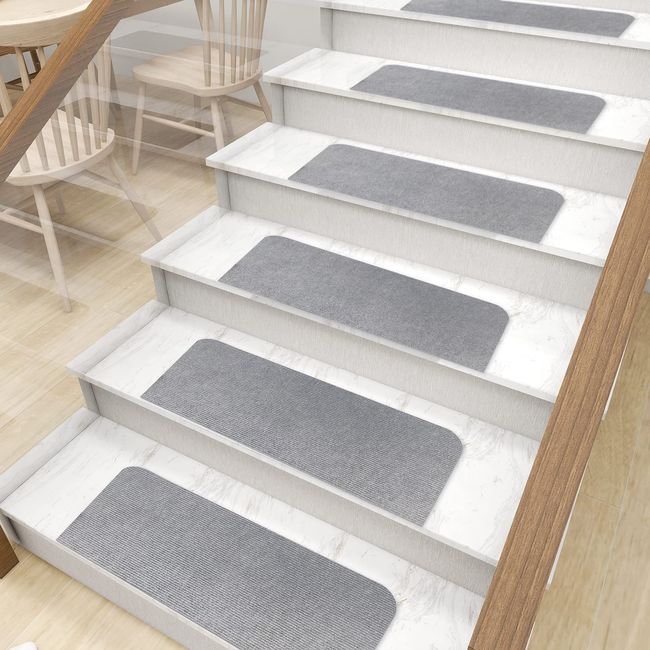 YOXU Stair Anti-Slip Mat, Carpet, 17.7 x 7.5 inches (45 x 19 cm), Set of 15, Suction Mat, Fall Prevention, Easy Installation, Soundproofing, Washable, Scratch Prevention, Safety Measures (Light Gray)