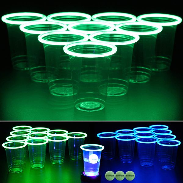 GLOWPONG Green vs Blue Glow-in-The-Dark Pong Game Set for Indoor Outdoor Nighttime Competitive Fun, 12 Green vs 12 Blue Glowing Cups, 4 Glowing Balls, 1 Ball Charging Unit Makes Every Shot Glow