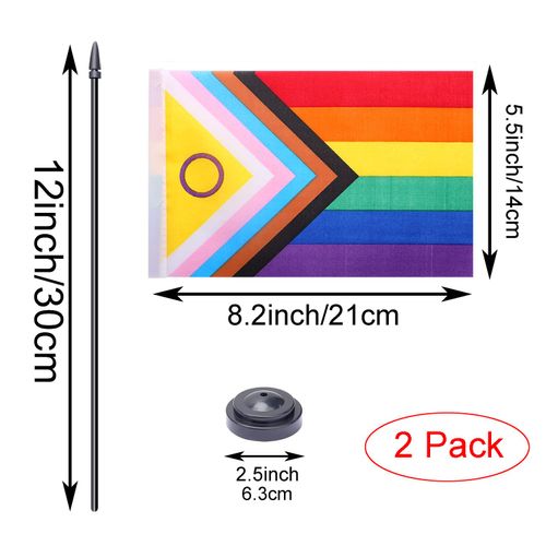 WXTWK 2 Pack Pride Rainbow Flag New Intersex Progress Deluxe Desk Flag Set - Mini Small Gay LGBTQ Table Office Flags with Black 12" Solid Pole Stand Base Classroom Meeting Desktop Decorations