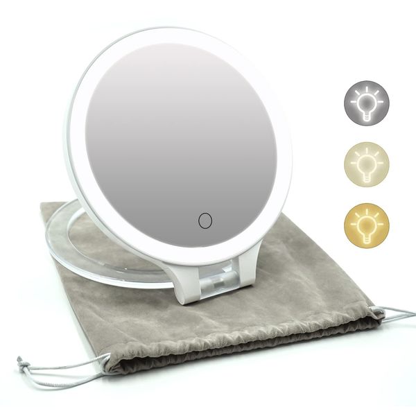 FACSINATE Mirror, Tabletop, Makeup Mirror, Stylish, Stand Mirror, Thin, 0.6 inches (1.5 cm), Magnifying Glass, 72 Energy Saving LED Bulbs, Foldable, 3 Levels of Brightness Adjustment, Simple, Standing Type, No Space Required, Industry Level, Angle Adjustm