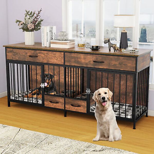 74" Wood Dog Kennel Pet Bowls Rectangular Modern Cage Lockable Crate Secure Door