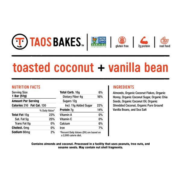 Taos Bakes Snack Bars - Toasted Coconut + Vanilla Bean - Gluten-Free, Non-GMO Granola Bars - Healthy & Delicious Baked Bars - (12 Pack, 1.8oz Bars)