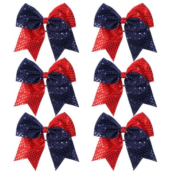 8 Inch 2 Color Cheer Bows Cheerleader Ponytail Holder with Bling Fling Sequin Hair Tie Cheerleading Bows 6 Pcs (Red/Navy Blue)