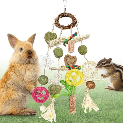 Tyotrbs Rabbit Toys for Bunnies Boredom Basket for Small Pets, Hanging Rodent Dental Toys with Papaya Stems Sweet Bamboo (Hamsters, Rabbits, Chinchillas, Guinea Pigs) (S, Timothy Hay)