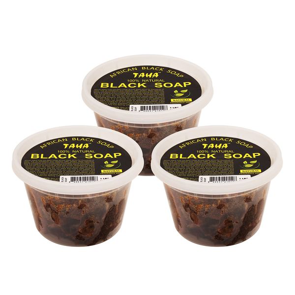 Taha African Black Soap Tub, Organic & 100% Natural, Soothing & Moisturizing, Healthy Cleansing – Great for Blemishes, Acne, Dry Scalp, and More, Natural or Scented, 16 Oz (Pack of 3)