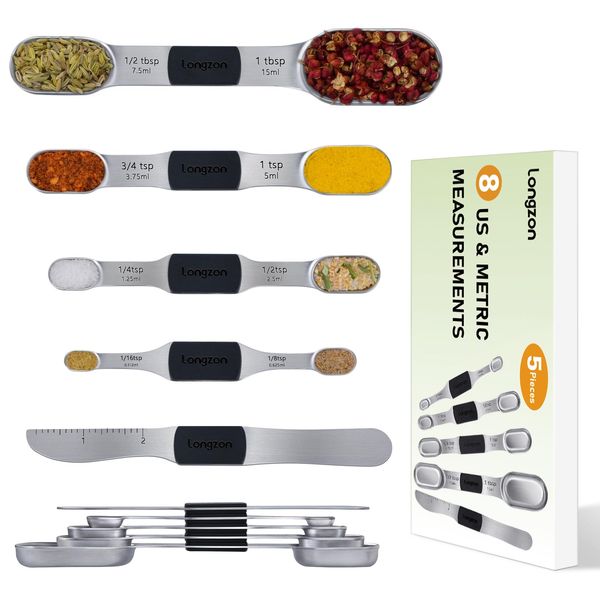 [2024 NEW] longzon 8 Full-Sized Measurements Magnetic Measuring Spoon Set with Leveler - Durable Engraved Markings, Magnetic Absorbent, Stackable Stainless Steel - Suitable for Most Spice Jars