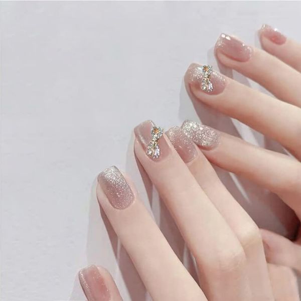 Pink Crystal Nail Butterfly Decoration Make You More Nice 24pcs Nail Tips for Wedding, Party, Holiday, Dating, Prom, Daily Life