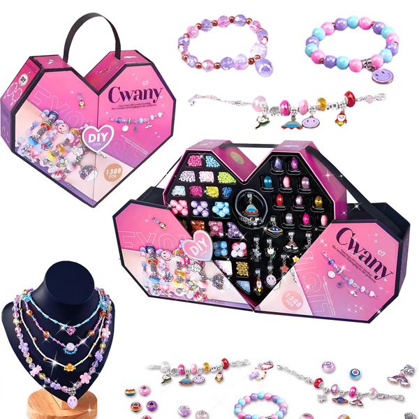 1388pcs Charm Bracelet Making Kit for Girls,Jewelry Making Kit Supplies,DIY Bead Bracelet Girls Toys,Birthday Christmas Craft Gifts Set for Kids Age 4 5 6 7 8 10 11 12 (02 Pink)