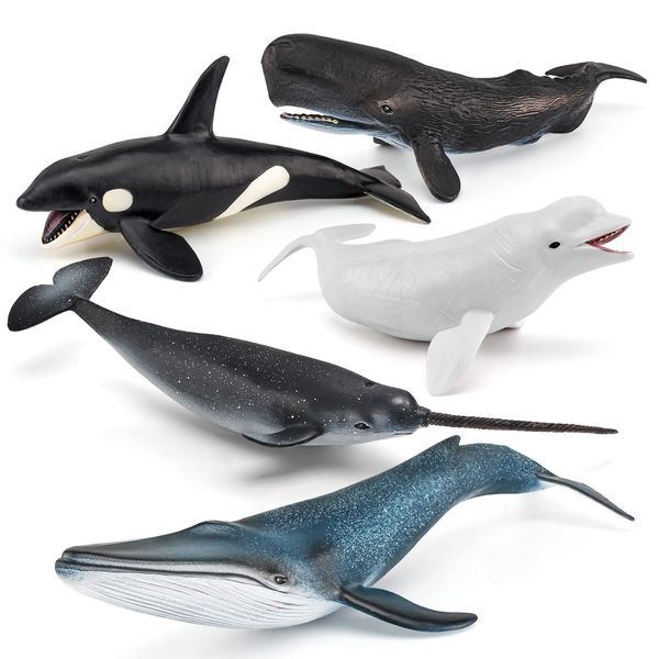 Ocean Sea Marine Animal Figure Toys Playsets 5 PCS Narwhal Sperm Whale White Whale Blue Whale Killer Whale Model Toy Desktop Decoration Collection Party Favors Toys for Boys Girls Kids