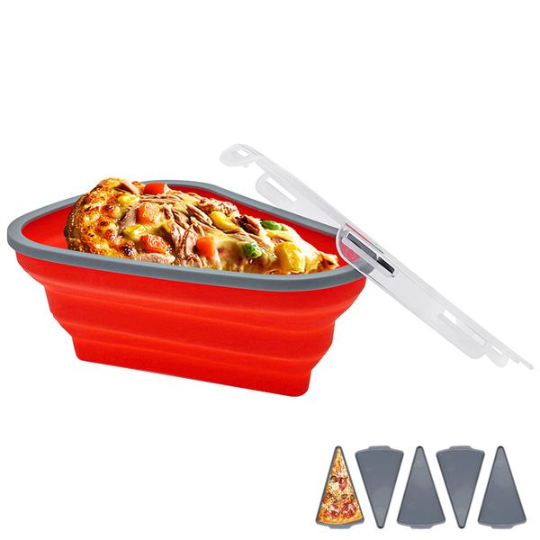 Iceten Pizza Storage Container, Collapsible Pizza Slice Container Storage with Lid Reusable Pizza Container with 5 Microwavable Serving Trays for Hiking, Climbing, Camping, Picnic (Red)