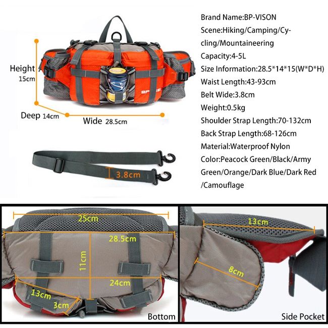 Bp Vision Outdoor Fanny Pack Hiking Camping Biking Waterproof Waist Pack 2  Water Bottle Holder Sports Bag for Women and Men Orange