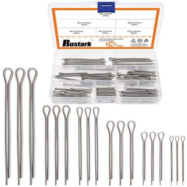 Rustark 110Pcs 6 Sizes 304 Stainless Steel Cotter Pin Clip Key Fastener Fitting Assortment Kit for Automotive Mechanics Small Engine Repair