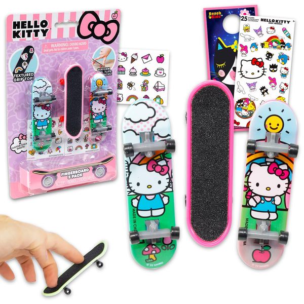 Hello Kitty Fingerboard Toy Set - 3 Pc Bundle with Hello Kitty Finger Skateboard for Kids, Hello Kitty Stickers, and More | Hello Kitty Party Favors