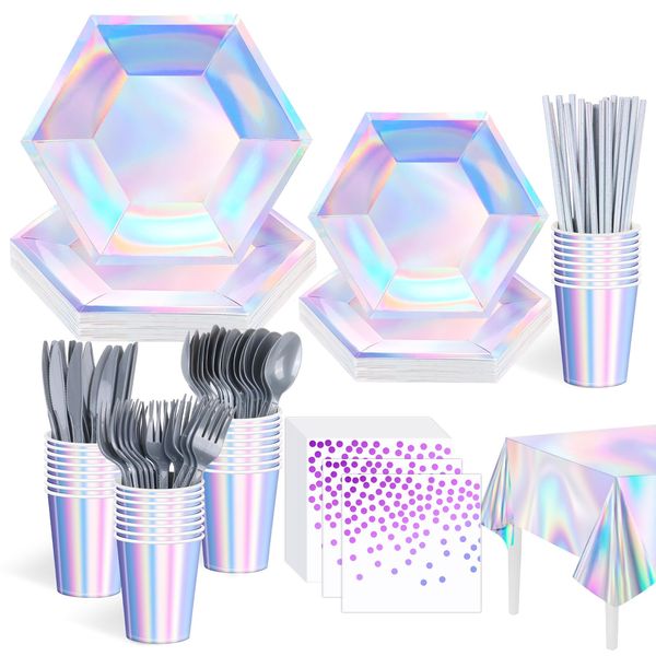 Iridescent Party Supplies Decorations, Holographic Party Paper Plates Set, Disposable Iridescent Cups Knives Spoons Fork Set for Wedding Birthday Party, Serve 16