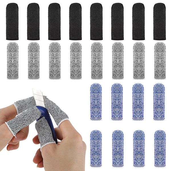 24PCS Anti-Cut Finger Cots, Reusable Elastic Finger Protectors, Breathable Finger Thumb Cots for Daily Work, Kitchen Cooking, Sculpture Crafts (Black, Gray, Blue)