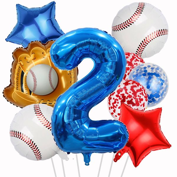 HADCKJA Baseball Balloons Baseball Birthday Party Supplies with 2nd Balloon Baseball Glove Balloon Red Blue Star Red Blue Confetti Balloon for Boy Shower Decorations Birthday Party Decorations 9Pcs