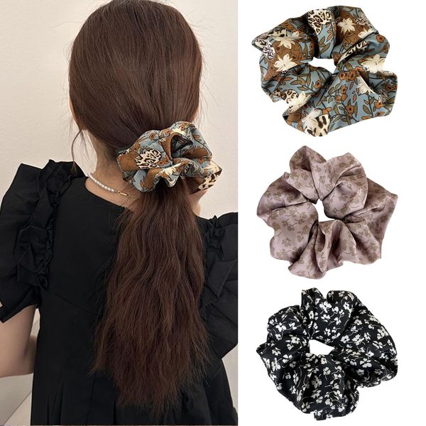 Satin Hair Scrunchies for Thick Hair, UNLONLEG 3Pcs Satin Scrunchies for Women, Fashion Printed Satin Hair Tie Floral Rubber Band, Satin Scrunchies for Curly Hair, Pink, Brown, Black(C#)