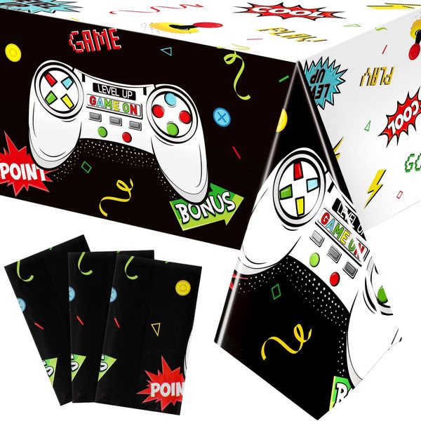 3 Pcs Video Game Table Cover Video Game Birthday Decoration Game Theme Plastic Table Cloth Party Supplies for Boys Girls Kids Player Geek Party Decorations, 54 x 108 Inch (Black, White, Cool Style)