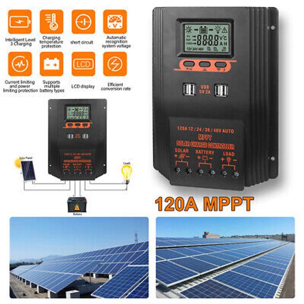 120A MPPT Solar Charge Controller 120Amp 12/24/36/48V DC Off-grid w/ LCD Display