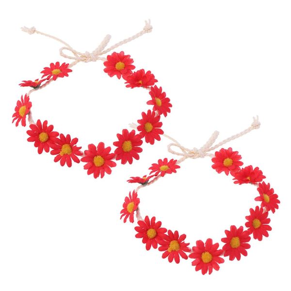 Minkissy 2pcs Daisy Flower Headbands Sunflower Hair Crowns Adjustable Hair Wreaths Floral Garlands for Festival Wedding Party(Red)