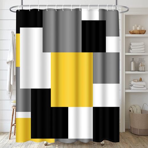 ArtSocket Geometric Yellow Bathroom Set with Shower Curtain and Rugs Accessories, Black and Gray Modern Shower Curtain, Yellow Bathroom Decor 4 Pcs