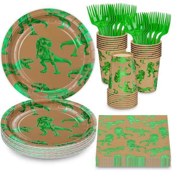 DYLIVeS Green Foil Dinosaur Birthday Party Decorations,Rawr Dinosaur Disposable Tableware Set Dinosaur Rex Party Supplies for Boys, 9'' Dinosaur Dinner Plates and Napkins Cups Forks Set, Serves 24