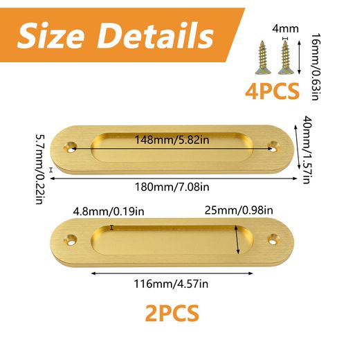MOROBOR Oval Recessed Sliding Door Pulls, 2pcs Brushed Gold Flush Pull Aluminum Alloy Closet Door Finger Pulls with Mounting Screws
