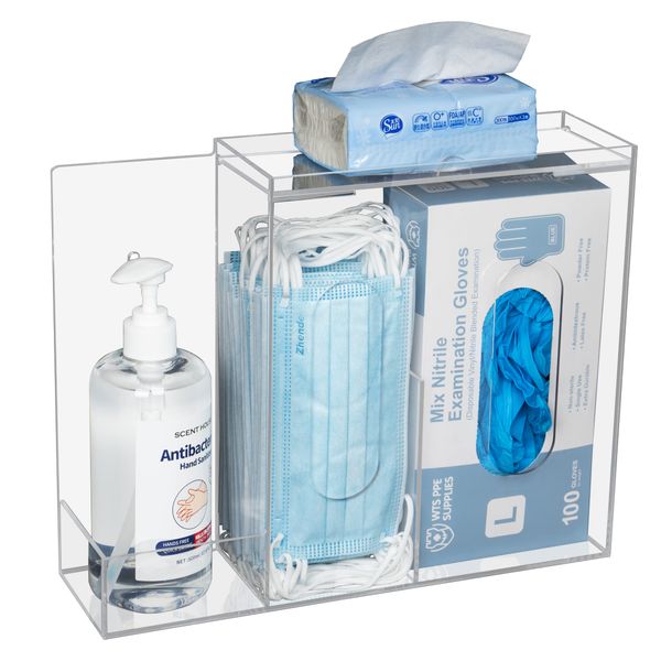 SEANADO Face Mask Dispenser 3 Compartment Acrylic Glove Box Holder Hygiene Station for Disposable Face Masks, Emesis Bag, Shoe Cover and Hairnet, Wall Mount Holes or Tabletop Holder （Clear）