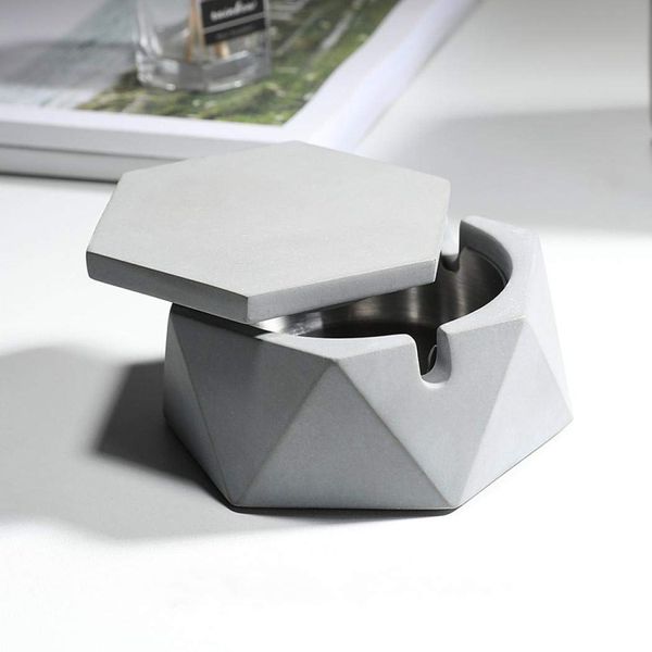 Ceramic Ashtray with Lid Windproof Hand Stamped Pattern Ashtrays for Home or Outdoor (Light Grey)